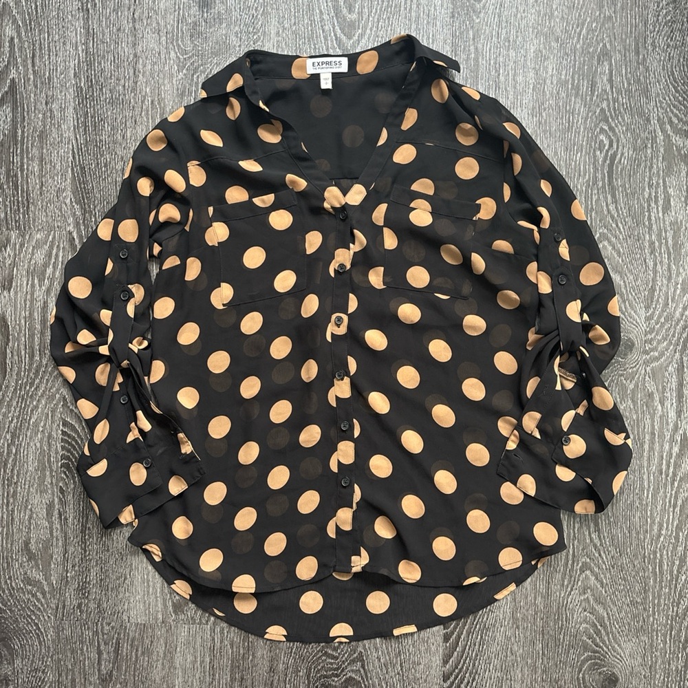 Express Women's Black and Tan Polka Dot Button Down Shirt